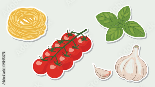 Collection of fresh Italian pasta ingredients presented as stickers, including fettuccine nests, cherry tomatoes on the vine, aromatic basil leaves, and garlic.