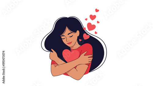 Beautiful young woman with long dark hair lovingly embraces herself and a prominent red heart, surrounded by smaller hearts, symbolizing self-love and confidence.