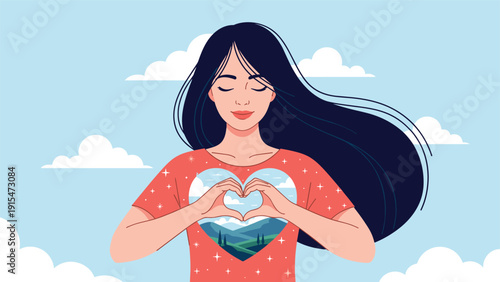 Young woman with long dark hair forms a heart shape with her hands over her chest, revealing a beautiful landscape, symbolizing her deep love for nature and the environment.