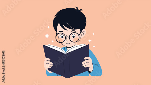 Adorable boy with round glasses, smiling happily while deeply engrossed in reading an open book, surrounded by magical sparkles on a warm peach background.