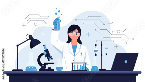 Dedicated female scientist in a lab coat and safety glasses, holding a bubbling test tube, working at a lab bench with a microscope, beakers, and a laptop.