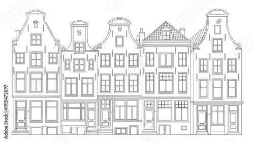 Detailed line art drawing of a picturesque row of traditional Amsterdam canal houses with distinctive gabled roofs, showcasing classic Dutch architecture.