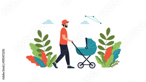 Father with a beard and hat, gently pushing a baby stroller through a vibrant park, surrounded by colorful leaves and abstract elements, enjoying a pleasant stroll.