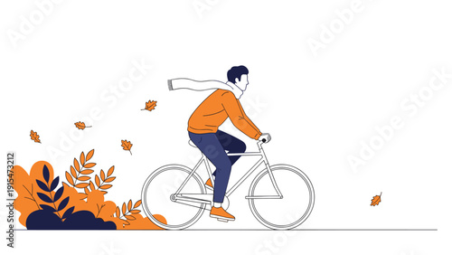 Young man wearing a warm scarf, cycling a bicycle through a vibrant autumn landscape with colorful falling leaves and lush bushes, enjoying the crisp air.