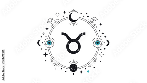 Taurus zodiac sign symbol elegantly enclosed within a celestial circle, adorned with watchful eyes, crescent moons, twinkling stars, and orbiting planets.