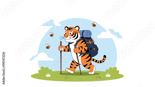 Adorable cartoon tiger explorer with a backpack and hiking stick, happily walking on a grassy hill with buzzing bees under a bright blue sky and fluffy clouds.