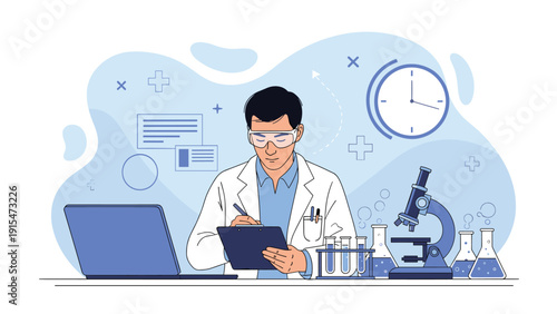 Dedicated male scientist in a lab coat and safety glasses, meticulously taking notes on a clipboard at a lab bench with a laptop, microscope, and beakers, on a blue abstract background.