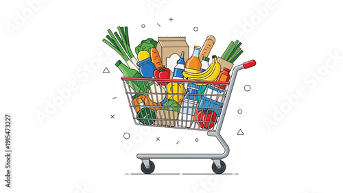 Fully loaded shopping cart brimming with diverse groceries, including fresh produce, packaged goods, and beverages, against an abstract white background.