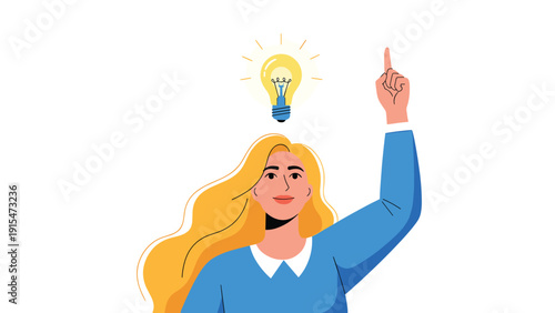 Smiling young woman with flowing blonde hair points upwards to a bright glowing light bulb above her head, brilliantly symbolizing a new idea or innovative solution.