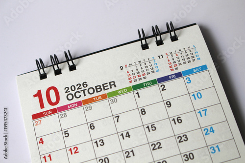 0ctober,Monthly calendar template for the new year 2026 desk calendar,isolated on white background.