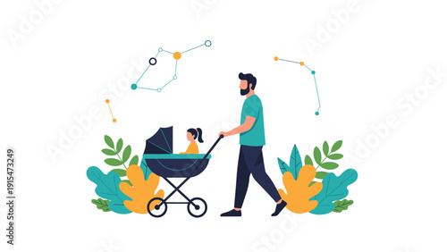 Father gently pushing a baby stroller with his daughter inside, walking through a vibrant park adorned with colorful leaves and abstract elements, enjoying family time.