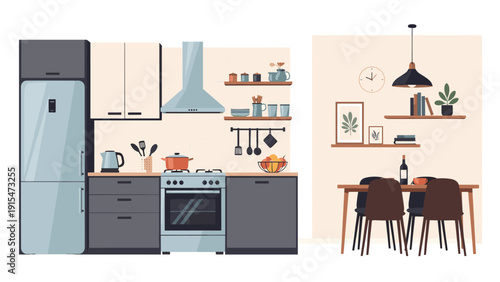 Modern and inviting kitchen and dining room interior set, featuring sleek appliances, stylish cabinets, open shelves, a dining table, and comfortable chairs.