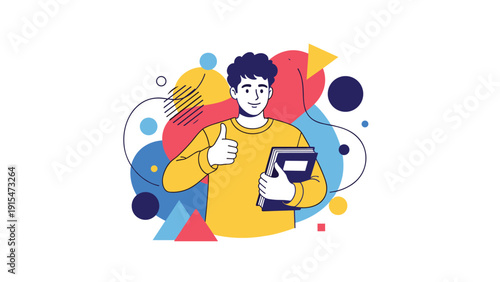 Confident young man holds a book or folder, giving a positive thumbs-up gesture, symbolizing success, approval, and encouragement against a colorful abstract background.