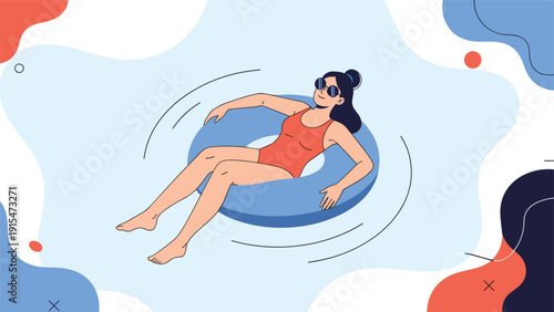 Young woman in a swimsuit and stylish sunglasses, peacefully floating on a blue inflatable ring in calm water, enjoying a relaxing summer day with abstract background.