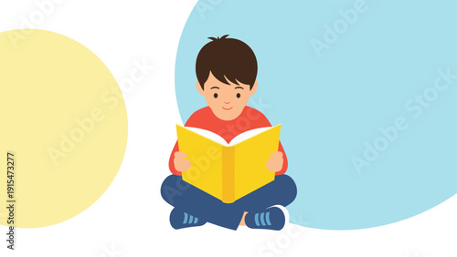 Young boy sitting comfortably cross-legged on the floor, deeply engrossed in reading an open yellow book, set against a cheerful background of yellow and blue circles.