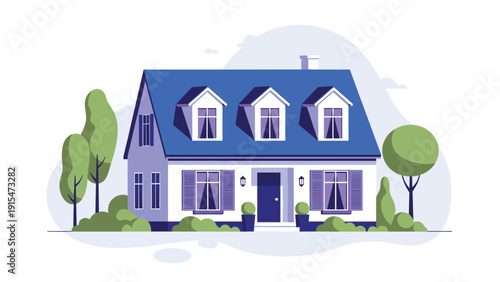 Charming blue and white house with vibrant purple window shutters and dormer windows, beautifully nestled amidst lush green trees and bushes, under a soft sky.