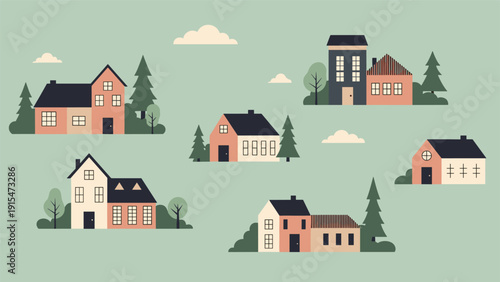 Collection of various simple and modern houses nestled amidst green trees and fluffy clouds, creating a peaceful village or suburban neighborhood scene on a pastel background.