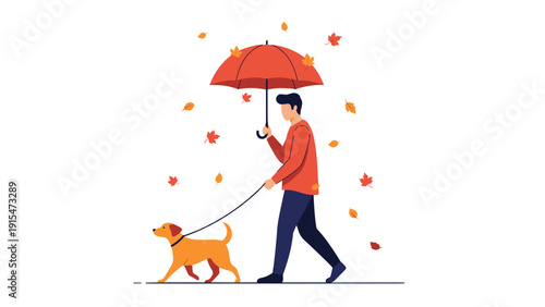 Man walks his dog on a leash under a red umbrella, surrounded by colorful falling autumn leaves on a peaceful day.