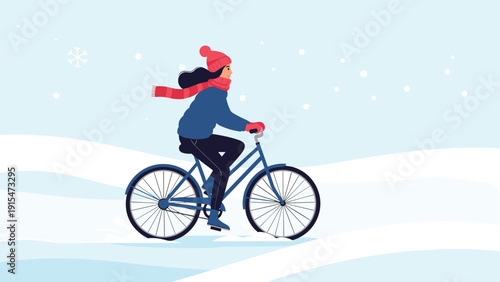 Woman enjoys a winter bike ride through a snowy landscape with falling snowflakes, dressed warmly in a hat and scarf.