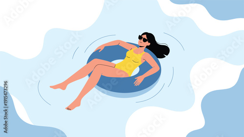 Young woman in a vibrant yellow swimsuit and stylish sunglasses, peacefully floating on a blue inflatable ring in calm water, enjoying a relaxing summer day.
