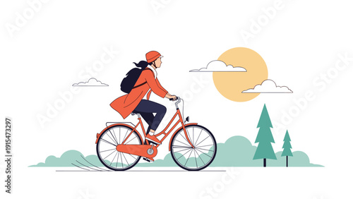 Woman riding a bicycle with a backpack on a scenic path, enjoying an outdoor journey amidst green trees and a warm sun.