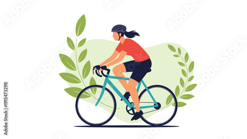 Woman cyclist in sportswear rides a road bike, surrounded by vibrant green leaves, showcasing a healthy and active lifestyle.
