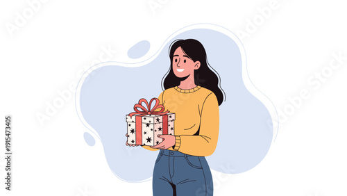 Smiling woman happily holds a beautifully wrapped gift box with a festive bow, ready for a special occasion, against abstract background shapes.