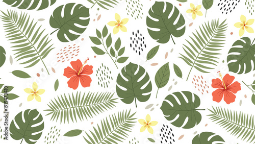 Seamless pattern of vibrant tropical foliage featuring monstera and palm leaves, along with red hibiscus and yellow frangipani flowers, with small abstract dots.