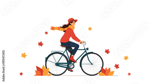Woman joyfully rides a bicycle, dressed warmly in a hat and scarf, surrounded by colorful falling autumn leaves, embracing the season.