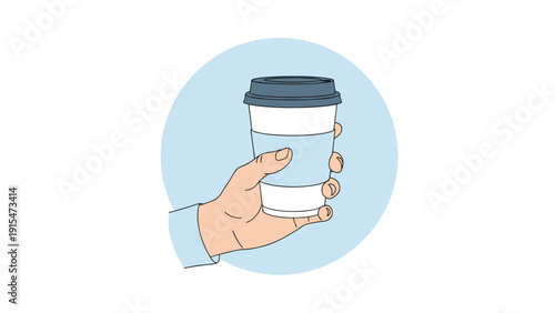 Hand confidently holding a disposable coffee cup with a light blue sleeve, suggesting a daily routine or on-the-go beverage.