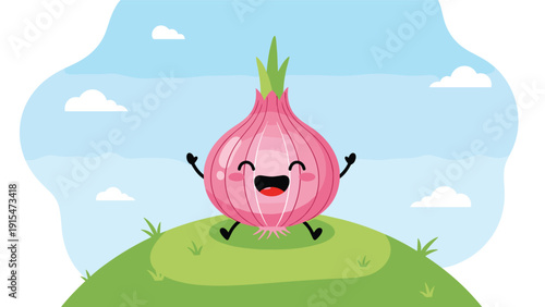 Cheerful cartoon red onion with a happy face and expressive arms and legs, sitting on a green hill under a blue sky with fluffy clouds.