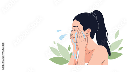 Serene woman with closed eyes gracefully splashes refreshing water on her face, surrounded by vibrant green leaves, symbolizing cleansing and self-care.