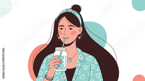 Young woman with long dark hair, wearing a stylish headband, drinks refreshingly from a jar with a straw, set against vibrant abstract shapes, promoting wellness.