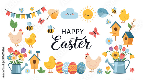 Festive collection of charming Easter elements, including cute chicks, hens, colorful eggs, blooming flowers, and birdhouses, surrounding "Happy Easter" text.
