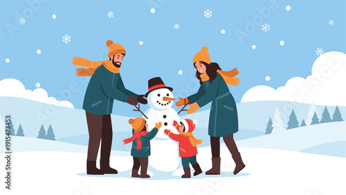 Happy family, including parents and two children, joyfully builds a snowman in a beautiful snowy winter landscape with distant trees and mountains.