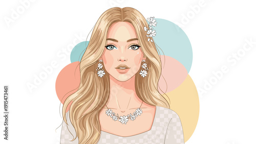 Beautiful woman with long blonde wavy hair, striking blue eyes, and delicate floral jewelry, set against soft pastel abstract circles, portraying elegance.