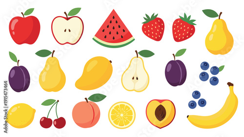 Abundant collection of diverse and colorful fruits, including crisp apples, sweet watermelon, juicy strawberries, ripe pears, plums, and bananas, showcasing healthy eating.