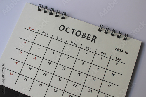 0ctober,Monthly calendar template for the new year 2026 desk calendar,isolated on white background.