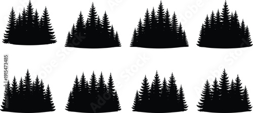 Collection of black evergreen forest silhouettes and pine tree groups for mountain nature landscape conservation environmental and outdoor adventure designs,