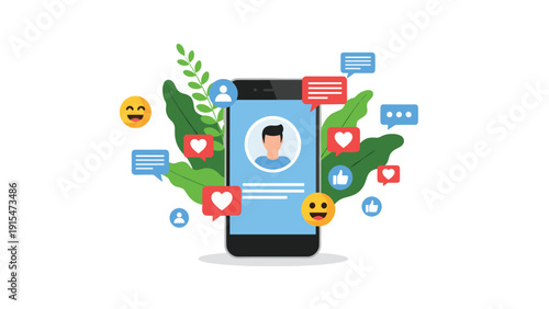 Smartphone displaying a vibrant social media profile screen, surrounded by numerous likes, comments, and emojis, all against a backdrop of green leaves.