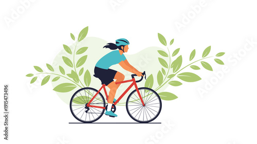 Woman cyclist in sportswear rides a road bike, surrounded by vibrant green leaves, showcasing a healthy and active lifestyle.