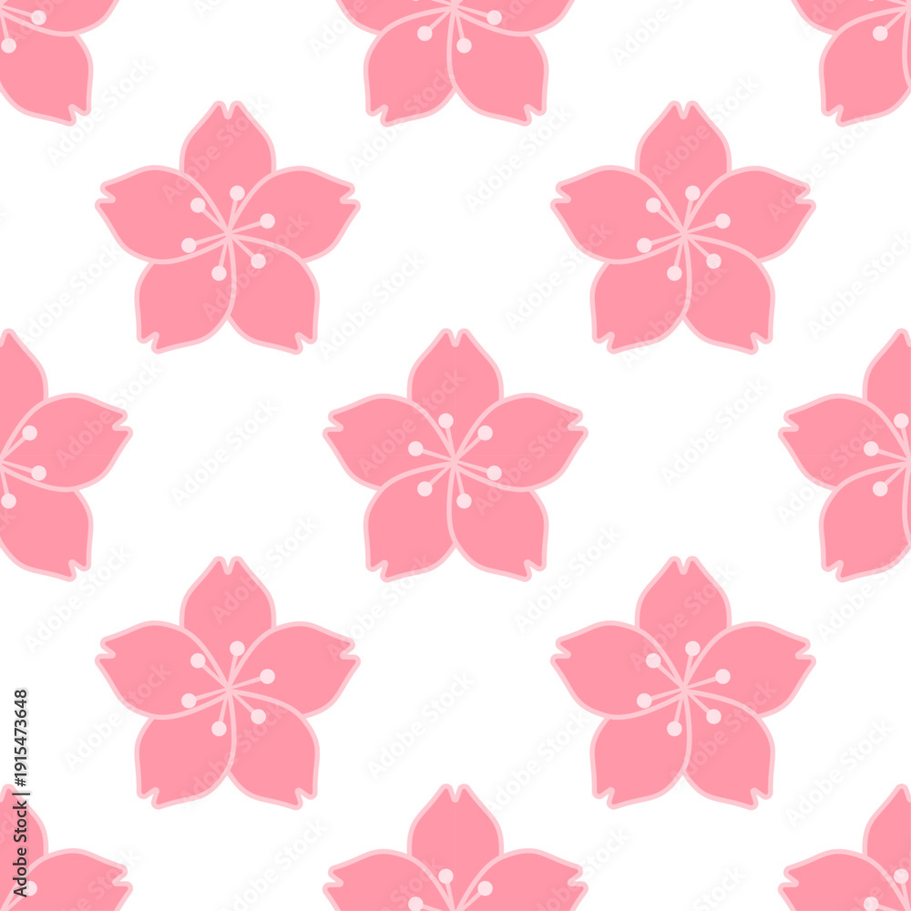 Fototapeta premium Minimalist Pink Seamless Cherry Blossom Pattern Background. Vector Illustration