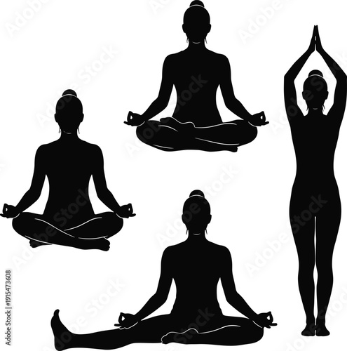 Yoga meditation silhouettes collection, female wellness poses set, lotus position training illustration, mindfulness fitness vector, healthy lifestyle balance concept, stretching exercise