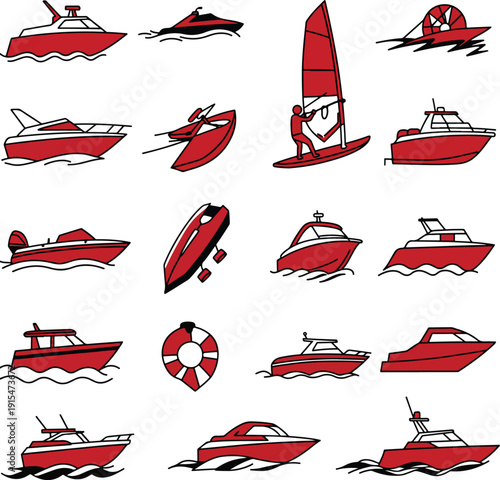 Collection of red and white boats and watercraft vector illustrations