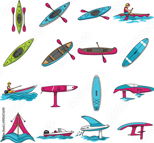 Watercraft and Water Sports Equipment Vector Illustrations