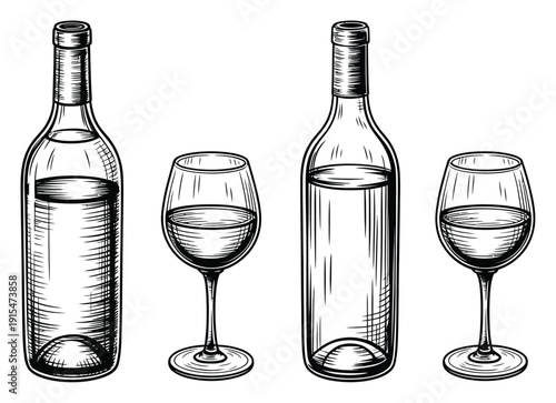 Wine Bottles and Glasses Hand Drawn Vector Illustration