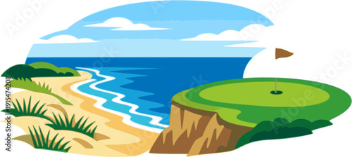 Crans sur Sierre golf course illustration. Alpine mountain golf landscape with green fairway, Swiss chalets, dramatic peaks. Flat vector style. Luxury European golf background