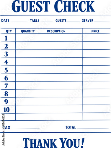 Guest check art print, trendy wall art blank restaurant receipt vector illustration for digital and personalized gift
