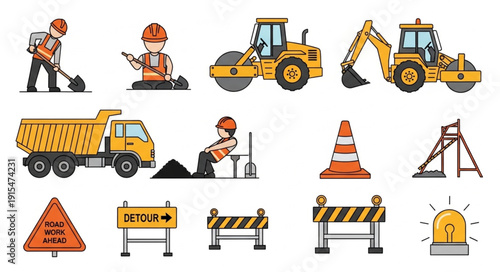 Construction Equipment and Roadwork Icons Set.