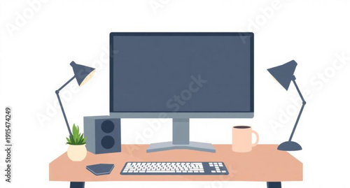 A modern computer monitor and mouse sit on a sleek office desk alongside a keyboard and pen in a quiet business room workspace featuring high-tech desktop equipment and an LCD screen